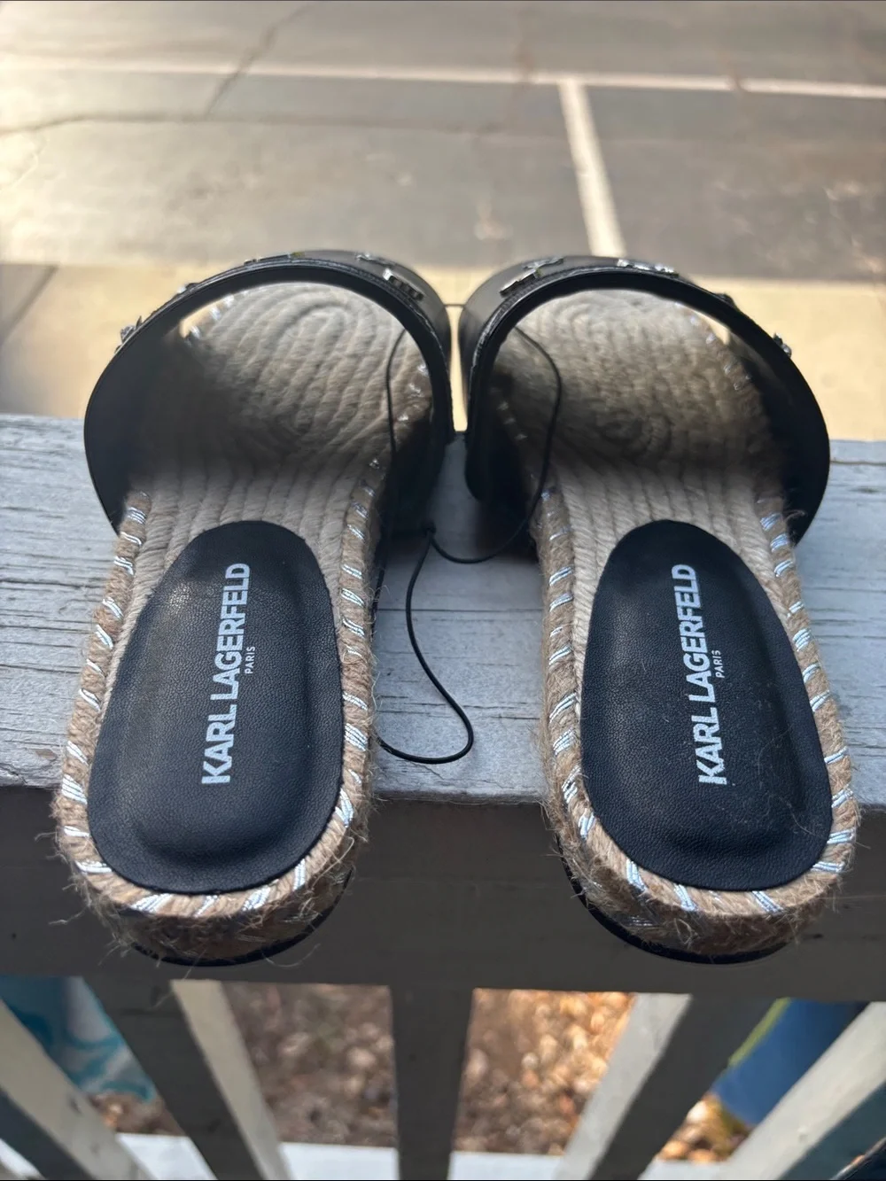Karl Lagerfeld Black and Tan Espadrille Slide Sandals